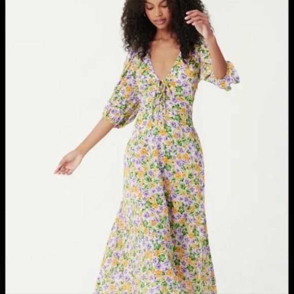 NICHOLAS | DANIELLE DRESS IN WHISTLEDOWN | FLORAL PLUNGING V-NECK | SIZE US 4 - Picture 4 of 12